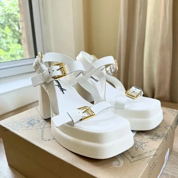 New Free People Pamela Double Stack Platform Heel Sandal Buckle White Gold