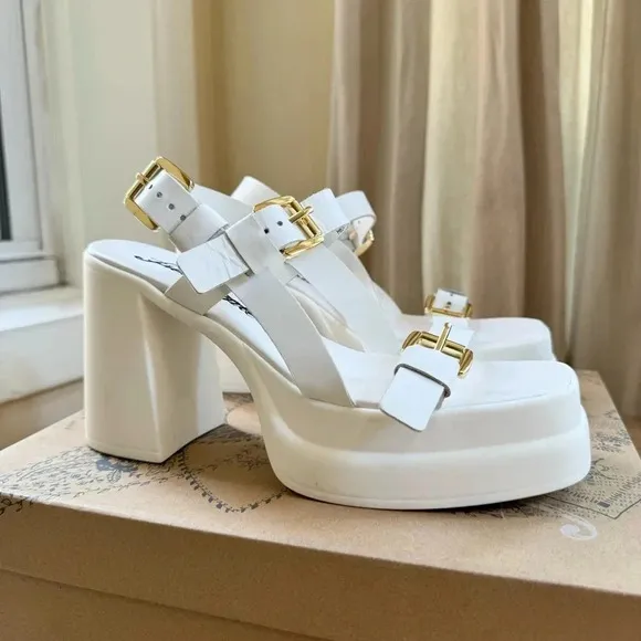 New Free People Pamela Double Stack Platform Heel Sandal Buckle White Gold