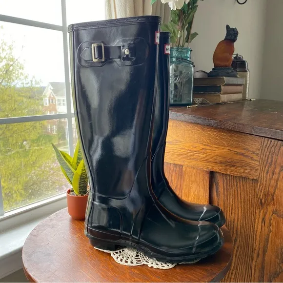 NEW Hunter Refined Original Tall Wellington Black Gloss Rain Waterproof Boots 7