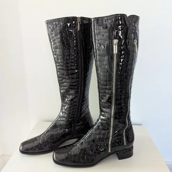 New in Box Aquatalia by Marvin K Crocodile Animal Print Black Rain Boots, 6.5