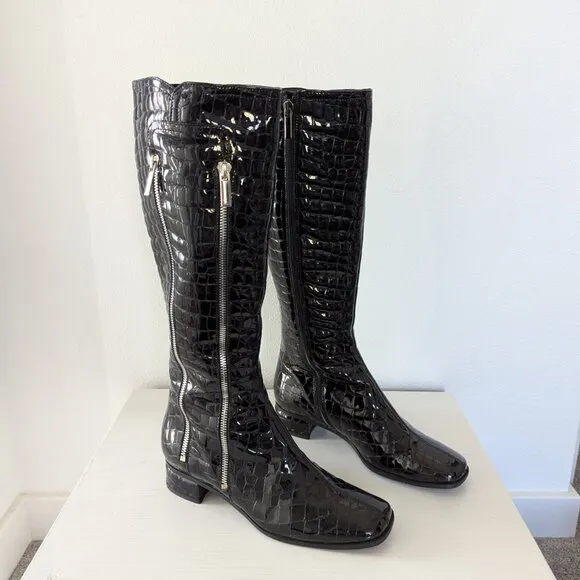 New in Box Aquatalia by Marvin K Crocodile Animal Print Black Rain Boots, 6.5