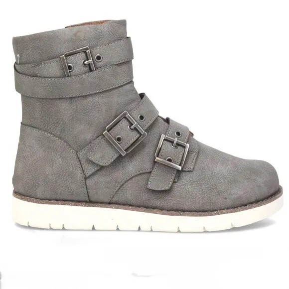 New in Box B.O.C  Sz 9 Kiley Grey Suede Sporty Buckle Strap Moto Boot Bottie