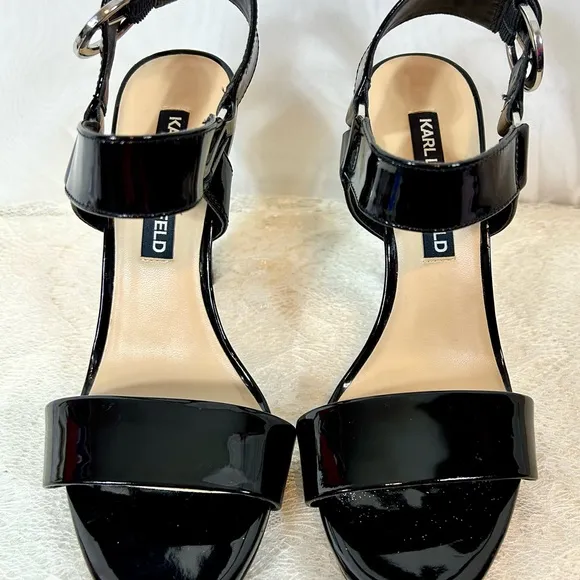 NEW Karl Lagerfeld Paris Women's Cieone Patent Leather Sandals Black Sz 7