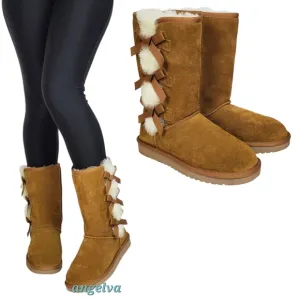 New Koolaburra ugg Victoria tall winter boots suede chestnut pull on fur bow
