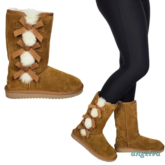 New Koolaburra ugg Victoria tall winter boots suede chestnut pull on fur bow