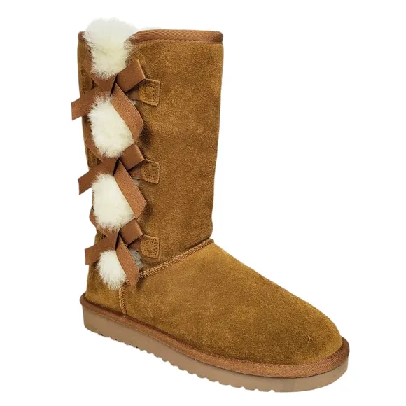 New Koolaburra ugg Victoria tall winter boots suede chestnut pull on fur bow
