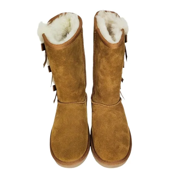 New Koolaburra ugg Victoria tall winter boots suede chestnut pull on fur bow