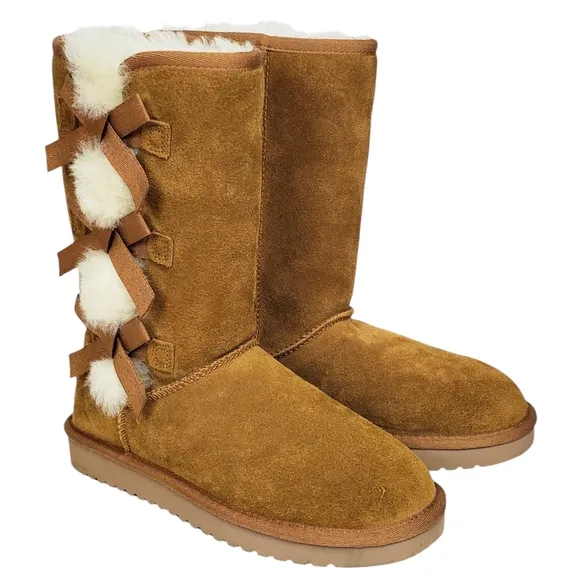 New Koolaburra ugg Victoria tall winter boots suede chestnut pull on fur bow