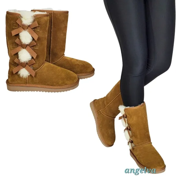 New Koolaburra ugg Victoria tall winter boots suede chestnut pull on fur bow