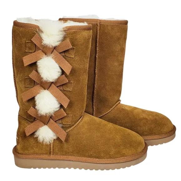 New Koolaburra ugg Victoria tall winter boots suede chestnut pull on fur bow