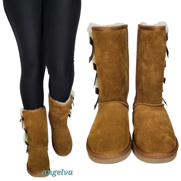 New Koolaburra ugg Victoria tall winter boots suede chestnut pull on fur bow