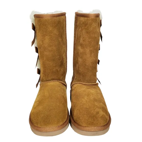 New Koolaburra ugg Victoria tall winter boots suede chestnut pull on fur bow