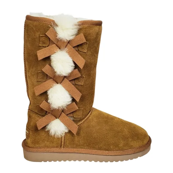 New Koolaburra ugg Victoria tall winter boots suede chestnut pull on fur bow