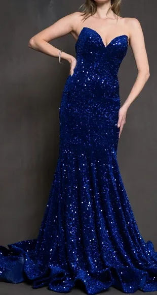 New long black/pink,emerald,royal strapless mermaid open back dress