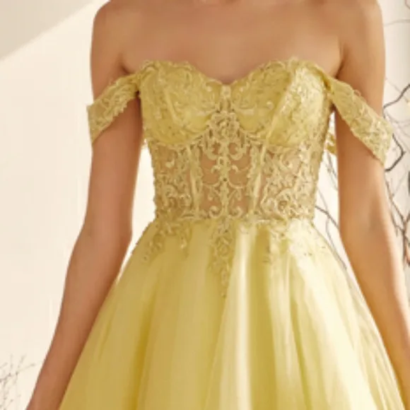 New long navy, royal, yellow, off the shoulder embroidered tulle ball gown dress