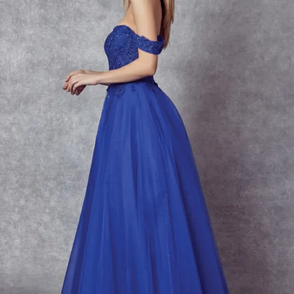 New long navy, royal, yellow, off the shoulder embroidered tulle ball gown dress