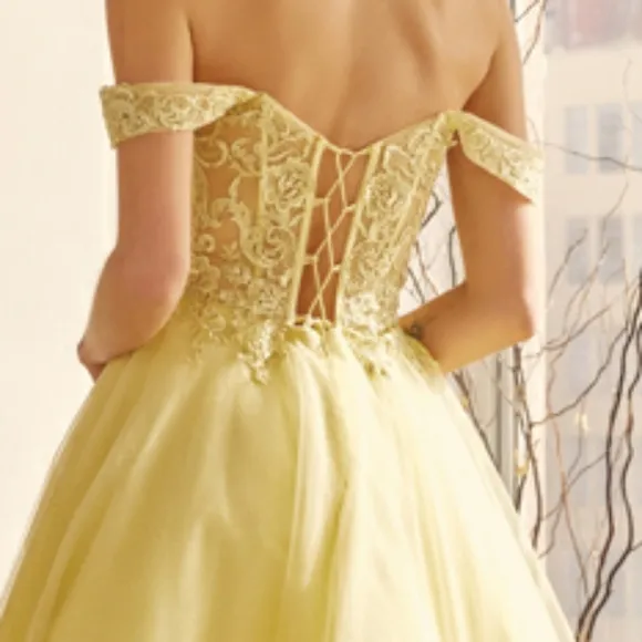 New long navy, royal, yellow, off the shoulder embroidered tulle ball gown dress