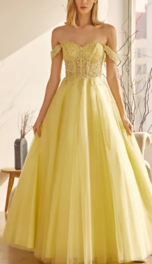 New long navy, royal, yellow, off the shoulder embroidered tulle ball gown dress