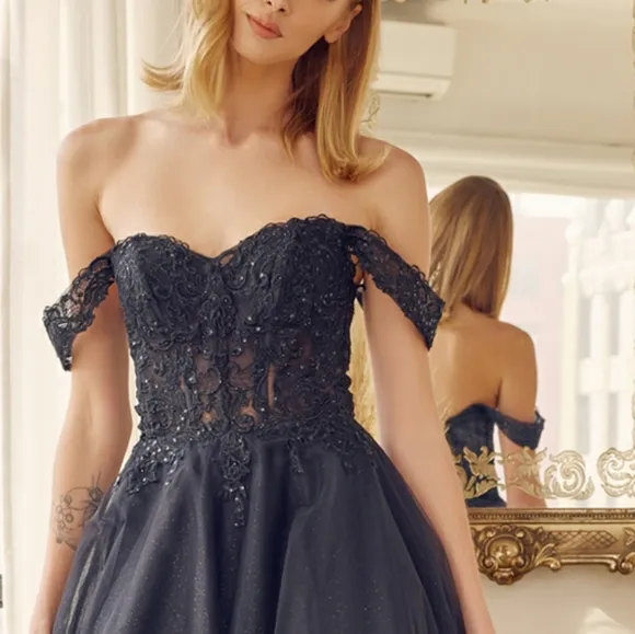 New long navy, royal, yellow, off the shoulder embroidered tulle ball gown dress