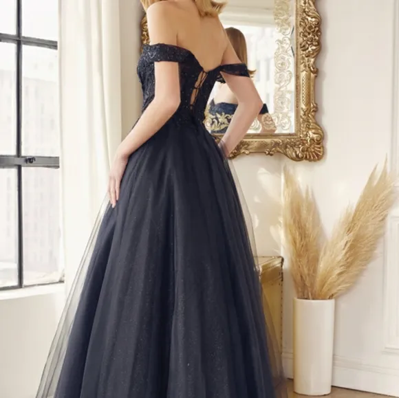 New long navy, royal, yellow, off the shoulder embroidered tulle ball gown dress
