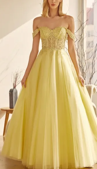 New long navy, royal, yellow, off the shoulder embroidered tulle ball gown dress