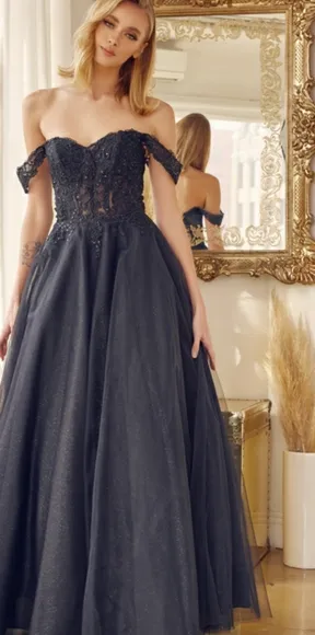 New long navy, royal, yellow, off the shoulder embroidered tulle ball gown dress
