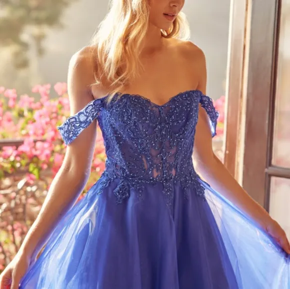 New long navy, royal, yellow, off the shoulder embroidered tulle ball gown dress