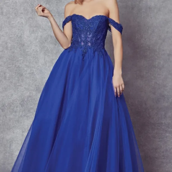 New long navy, royal, yellow, off the shoulder embroidered tulle ball gown dress