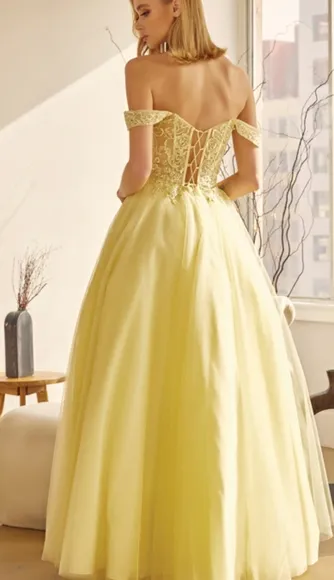 New long navy, royal, yellow, off the shoulder embroidered tulle ball gown dress