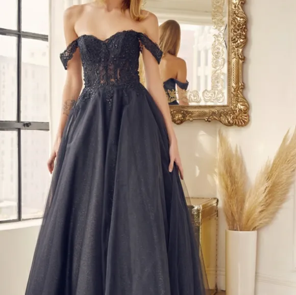 New long navy, royal, yellow, off the shoulder embroidered tulle ball gown dress
