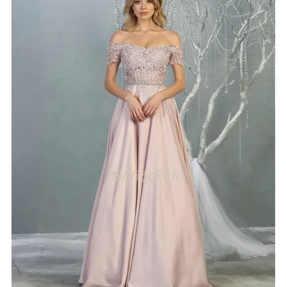 New mauve pink off shoulder beaded gown with open lace up back