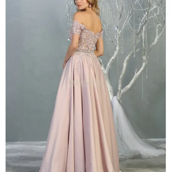New mauve pink off shoulder beaded gown with open lace up back