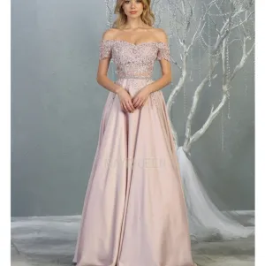 New mauve pink off shoulder beaded gown with open lace up back