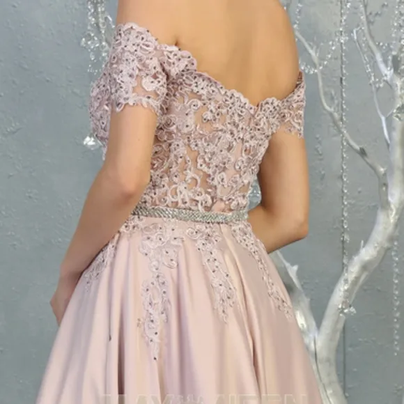 New mauve pink off shoulder beaded gown with open lace up back