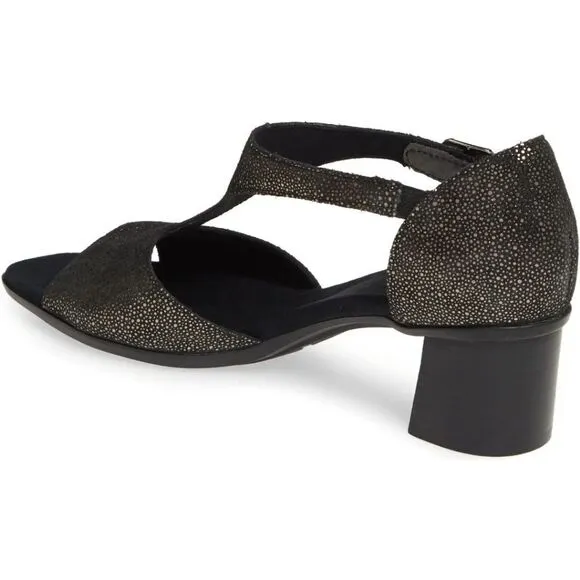 New Munro Women's Violet T-Strap Sandal Black Metallic Gold Print 7.5
