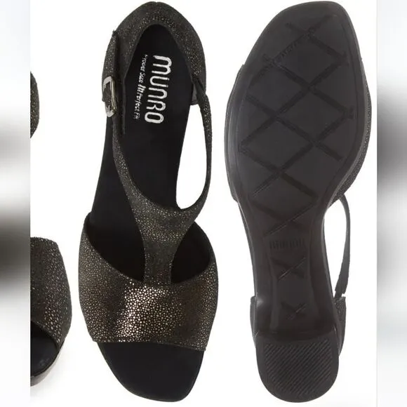 New Munro Women's Violet T-Strap Sandal Black Metallic Gold Print 7.5