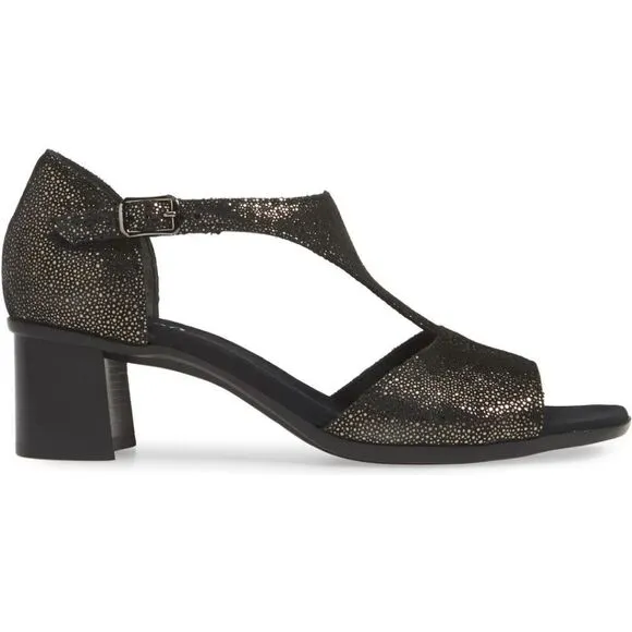 New Munro Women's Violet T-Strap Sandal Black Metallic Gold Print 7.5