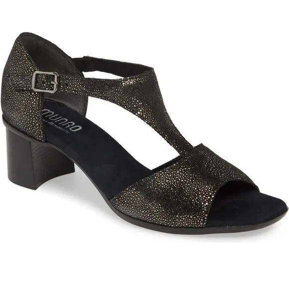New Munro Women's Violet T-Strap Sandal Black Metallic Gold Print 7.5