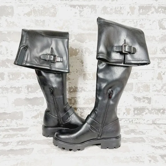 NEW NINE WEST Nemba Womens Faux Leather Tall Black Over-the-knee Boots H997