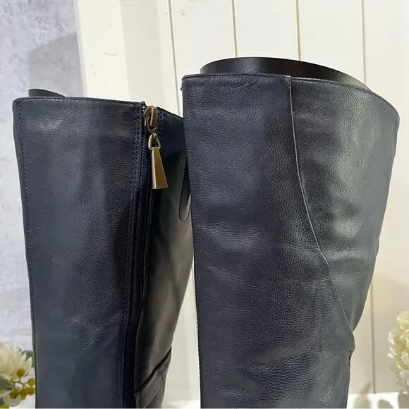 NEW Nordstrom x Fitzwell Navy Leather Knee Boots Zip Pointed Snub Toe 5.5 NWOB