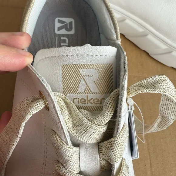 NEW Rieker W2602 Carla White Platform Sneaker Shoes Metallic Gold Heel Size 41
