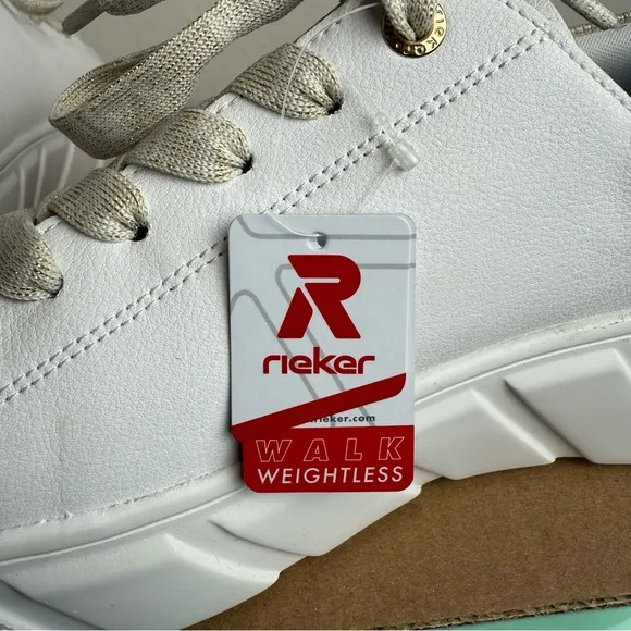 NEW Rieker W2602 Carla White Platform Sneaker Shoes Metallic Gold Heel Size 41