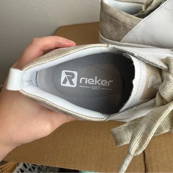NEW Rieker W2602 Carla White Platform Sneaker Shoes Metallic Gold Heel Size 41