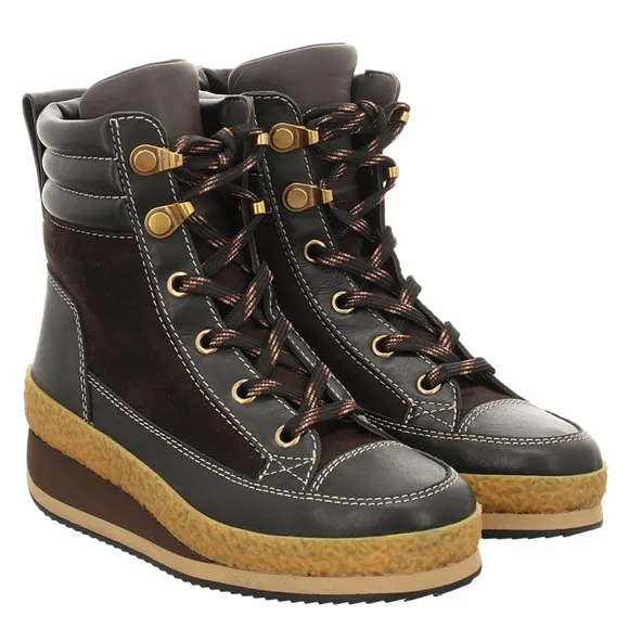 New See by Chole Cameron Leather Lace-Up Boots in Black/Brown Size EU 38/US 7.5