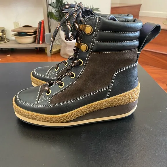 New See by Chole Cameron Leather Lace-Up Boots in Black/Brown Size EU 38/US 7.5