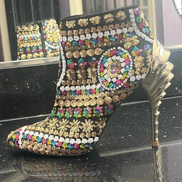 New Sequin gold rainbow black white stiletto ankle booties boots high heels