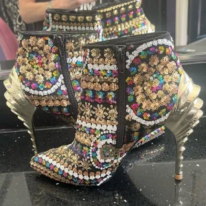 New Sequin gold rainbow black white stiletto ankle booties boots high heels