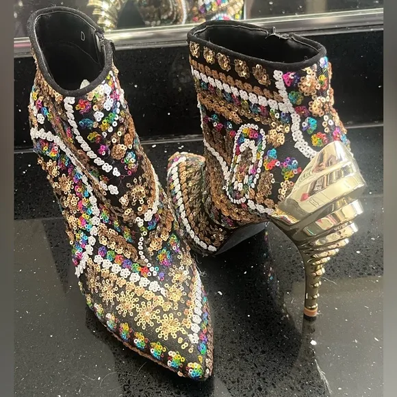New Sequin gold rainbow black white stiletto ankle booties boots high heels
