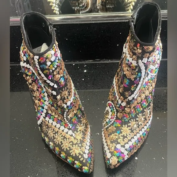 New Sequin gold rainbow black white stiletto ankle booties boots high heels