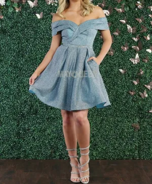New short aqua/multi Off the shoulder dress with belt